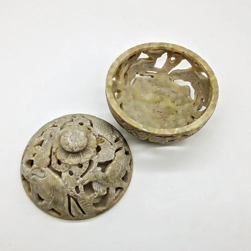 Carved Taupe Soapstone Round Candle Incense Holder